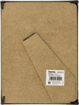 Tył złotej ramki na zdjęcie 10x15 cm: brązowa płyta, rozłożona podstawka i biała etykieta Hama.