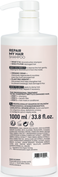 Tył szamponu Repair My Hair 1000ml, biała butelka z pompką, widoczne składniki: pro-keratyna, cedr.