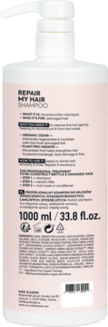 Tył szamponu Repair My Hair w białej butelce 1000ml z pompką. Widoczny opis, sposób użycia i składniki.