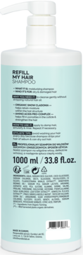 Tył opakowania szamponu Refill My Hair, 1000ml, dla włosów suchych, z instrukcjami i listą składników.
