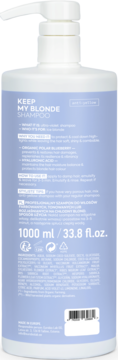 Tył dużej, fioletowej butelki szamponu Ice Professional Keep My Blonde z pompką, widoczny opis produktu i pojemność 1000 ml.