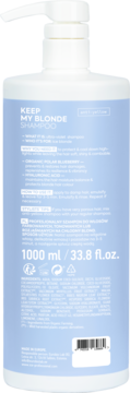 Tył białej butelki szamponu Keep My Blonde 1000 ml z jasnoniebieską etykietą, widoczne składniki i kod kreskowy.