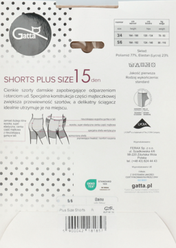 Tył opakowania beżowych szortów Gatta Plus Size 15 den, widoczna tabela rozmiarów i informacje o produkcie.