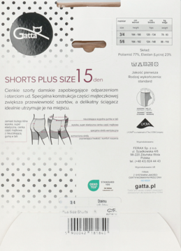 Tył opakowania beżowych szortów Gatta Plus Size 15 den, z tabelą rozmiarów i opisem produktu przeciw otarciom.
