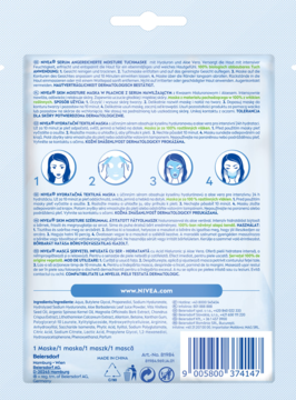 Tył opakowania maski NIVEA Skin Moisture w płachcie z aloesem i kwasem hialuronowym, widoczne instrukcje.