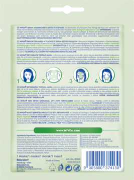 Nivea Skin Detox maska w płachcie z węglem, tył opakowania z instrukcjami użycia i listą składników.