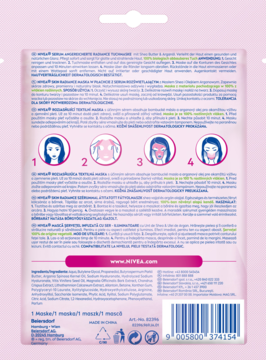 Tył opakowania maski NIVEA Skin Radiance z serum, opisem użycia, składnikami i kodem kreskowym na różowym tle.