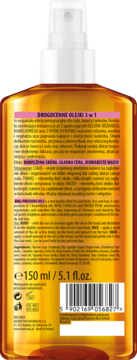 Tył bursztynowej butelki Bielenda Luxury Body Oils 3w1, olejek do ciała, twarzy i włosów, z etykietą i instrukcjami.