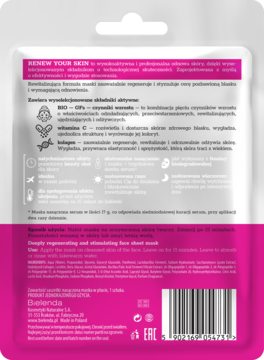 Tył białej saszetki Bielenda Renew Your Skin maski w płachcie, z polskim opisem i kodem kreskowym, różowy spód.