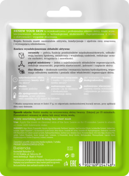 Tył zielono-białej maski Bielenda Renew Your Skin, opis składników: ceramidy, peptyd miedziowy, śluz ślimaka.