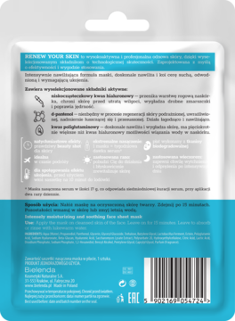 Niebiesko-białe opakowanie maski Bielenda Renew Your Skin, tył z opisem działania i składników, widoczny kod.