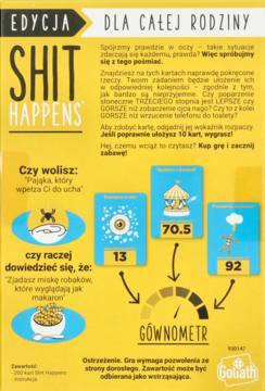 Front opakowania gry karcianej Shit Happens (edycja rodzinna) z Gównometrem i kartami sytuacji.