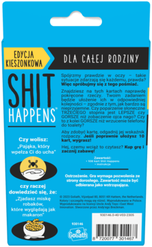 Tył opakowania gry karcianej "SHIT HAPPENS" Edycja Kieszonkowa, z opisem PL, ikonami, logotypem i kodem EAN.