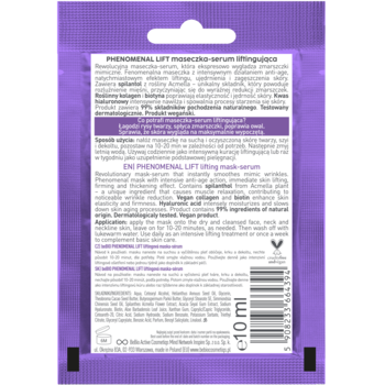 BEBIO COSMETICS Phenomenal Lift ,maseczka-serum do twarzy, liftingująca,tył