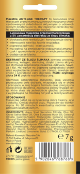 Tył maski przeciwzmarszczkowej Dermika Maestria ANTI-AGE THERAPY z ekstraktem ze śluzu ślimaka i złotem 24K, na złotym tle.