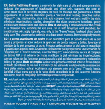 Close-up of printed product description for Sulfur Mattifying Cream in English, Spanish, and Arabic.
