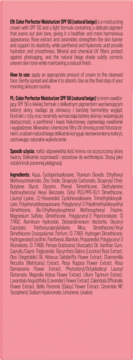 Tył różowego opakowania Color Perfector Moisturizer SPF 50, widoczne szczegóły składu i instrukcji.