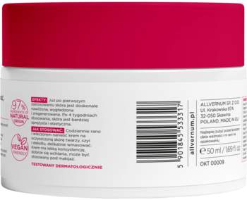 Tył białego słoika kremu Allvernum 50ml, napinająco-ujędrniającego, z etykietą 97% naturalny, wegański.