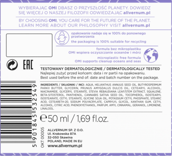 Fioletowy tył opakowania kremu Allvernum 50ml, z kodem kreskowym i napisem 'TESTOWANY DERMATOLOGICZNIE'.