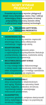 Bielenda Skin O3zone serum. Zielono-żółta grafika przedstawia podział składników aktywnych na 'lewy' i 'prawy' dozownik.