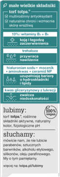 Etykieta tołpa: kosmetyk nawilżający i kojący do cery trądzikowej, 100% vegan, z torfem i witaminami.