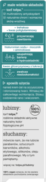 Zielono-szara etykieta kremu-żelu Tolpa z torfem. Opisuje składniki nawilżające dla skóry wrażliwej, z logo 100% vegan.