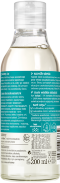 Tołpa dermokosmetyk, tył butelki 200 ml. Oczyszczający płyn do cery trądzikowej z matującą etykietą tealowo-beżową.