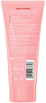 Tył różowego opakowania kremu JONI TEENS 75ml na wypryski: hipoalergiczny, naturalny do okolic intymnych.