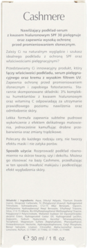 Przednia etykieta podkładu-serum Cashmere z SPF 30 i kwasem hialuronowym, widoczny skład i opis.