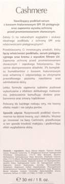 Tył butelki podkładu Cashmere, nawilżającego serum SPF 30, z widocznym składem i pojemnością 30 ml.