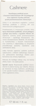 Tył białego opakowania Cashmere: nawilżający podkład-serum SPF 30 z kwasem hialuronowym, 30 ml.