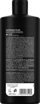 Tył czarnego szamponu Intense Plex 440ml z 4% Plex Bond-Complex, widoczne składniki.