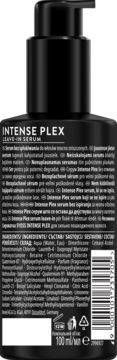 Tył butelki Syoss Intense Plex Leave-In Serum 100ml. Czarna, z pompką, widoczne etykiety ze składem i barkodem.