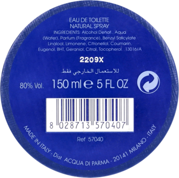 Niebieski spód flakonu Acqua di Parma Cipresso di Toscana 150ml, z listą składników, kodem kreskowym i napisem Made in Italy.