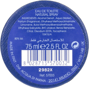 Spód butelki Acqua Di Parma Blu Mediterraneo Mandorlo Di Sicilia Eau De Toilette 75ml, niebieskie wieczko ze składem i kodem kreskowym.