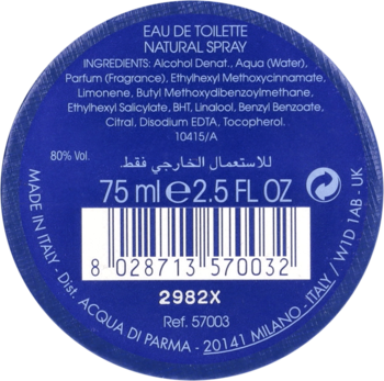 Tył niebieskiej butelki Acqua Di Parma Blu Mediterraneo Mandorlo Di Sicilia Eau de Toilette, widoczne składniki, 75 ml i kod.