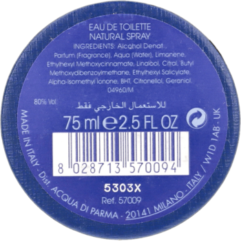 Ciemnoniebieski spód flakonu Acqua di Parma Eau de Toilette 75ml, z widocznymi danymi i składnikami.