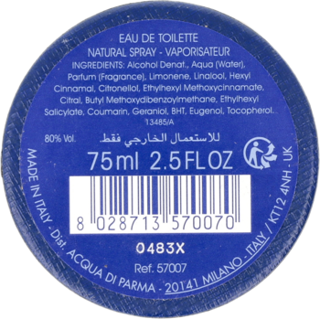 Spód flakonu Acqua di Parma EDT, niebieska, okrągła etykieta 75ml z listą składników i kodem kreskowym.