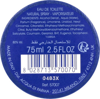 Ciemnoniebieska, okrągła etykieta z tyłu Acqua di Parma Mirto di Panarea 75ml EDT, ze składem, kodem i dystrybutorem.