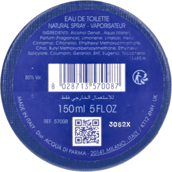 Tył niebieskiej butelki wody toaletowej Acqua di Parma Mirto di Panarea z etykietą 150ml i składnikami.