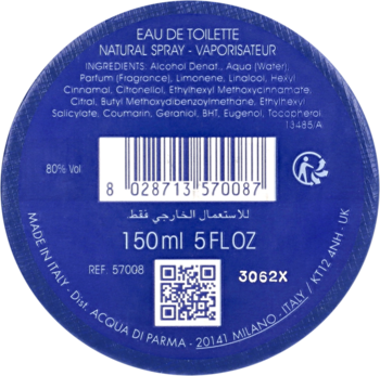 Spód okrągłej butelki wody toaletowej Acqua di Parma 150ml, niebieska etykieta ze składnikami i kodem kreskowym.