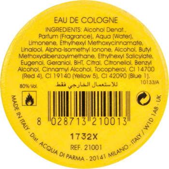 Tył żółtego, okrągłego opakowania Acqua di Parma Eau de Cologne z kodem kreskowym i listą składników.
