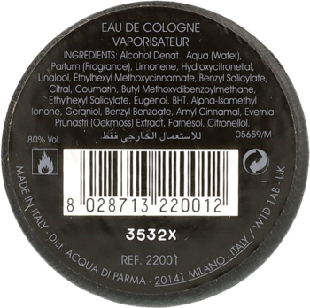 Spód butelki Acqua di Parma Eau de Cologne. Czarne, okrągłe dno z listą składników i kodem kreskowym.