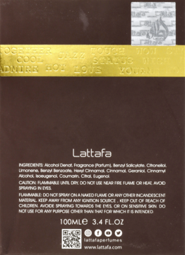 Tył ciemnobrązowego opakowania perfum Lattafa 100ml, ze złotymi napisami, listą składników i srebrną naklejką.