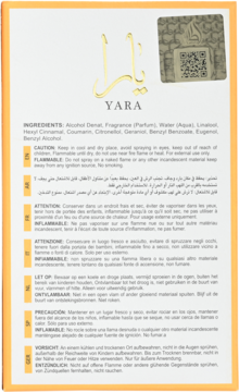 Tył opakowania perfum Yara Lattafa. Białe pudełko z zielonym brzegiem, QR kod, skład i ostrzeżenia.