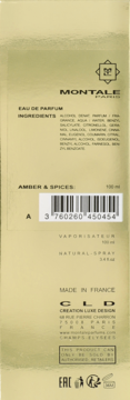 Tył złotego opakowania Montale Amber & Spices Eau de Parfum, widoczna lista składników, kod kreskowy.