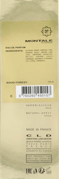 Tył złotego opakowania perfum Montale Aoud Forest 100ml z czytelną listą składników i kodem EAN.