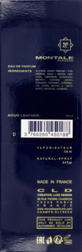 Tył ciemnoniebieskiego pudełka Montale Aoud Leather Eau de Parfum, ze złotymi napisami, kodem kreskowym i listą składników.