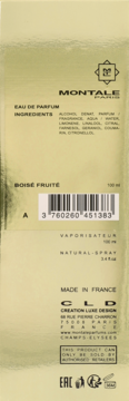 Tył złotego opakowania perfum Montale Boisé Fruité 100ml. Widoczne składniki, kod kreskowy i 'MADE IN FRANCE'.