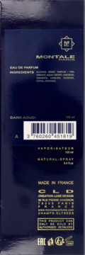 Tył ciemnoniebieskiego opakowania perfum Montale Dark Aoud 100ml z listą składników i kodem kreskowym.